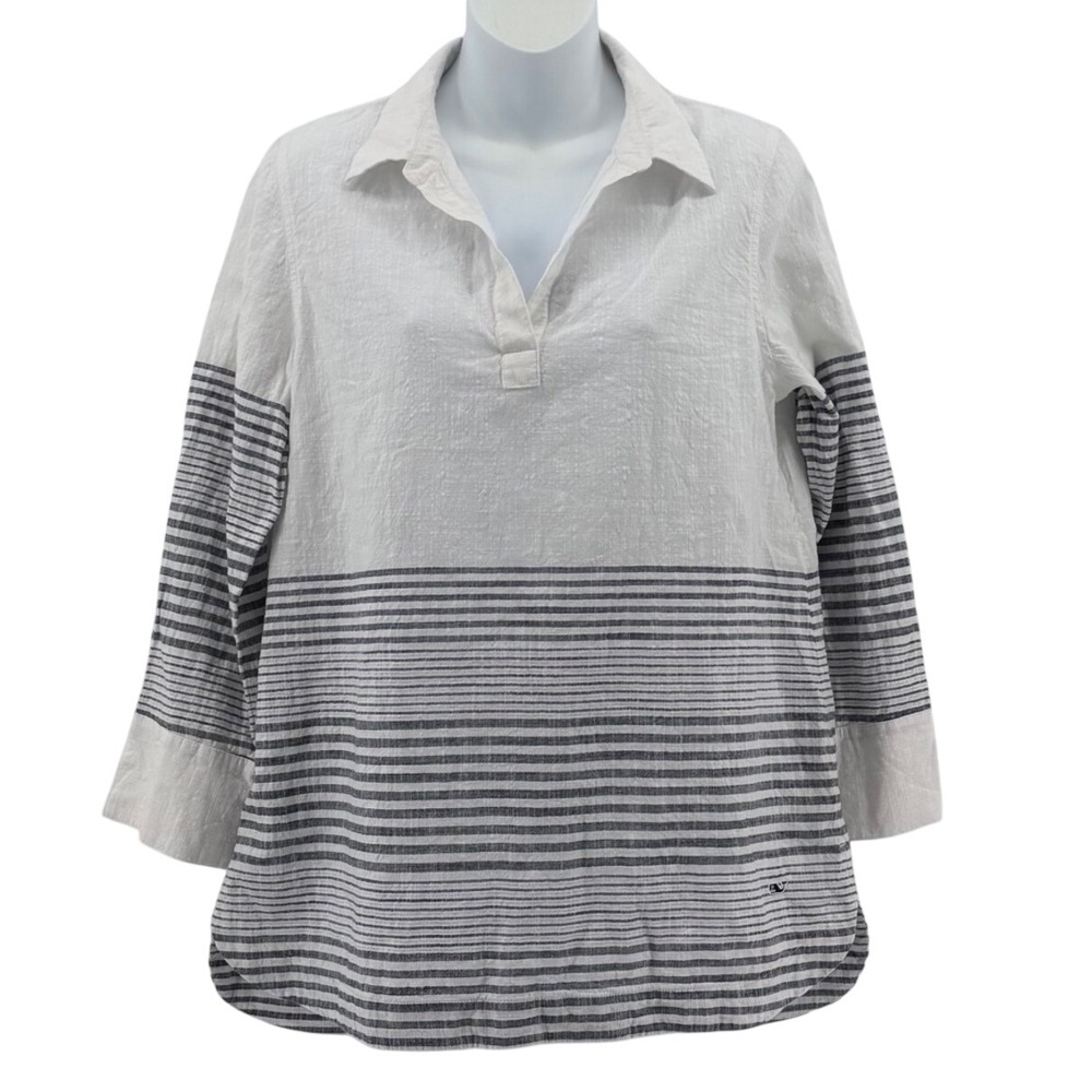 Vineyard Vines Linen Blend Striped Pullover Top Women Small White Blue Metallic
